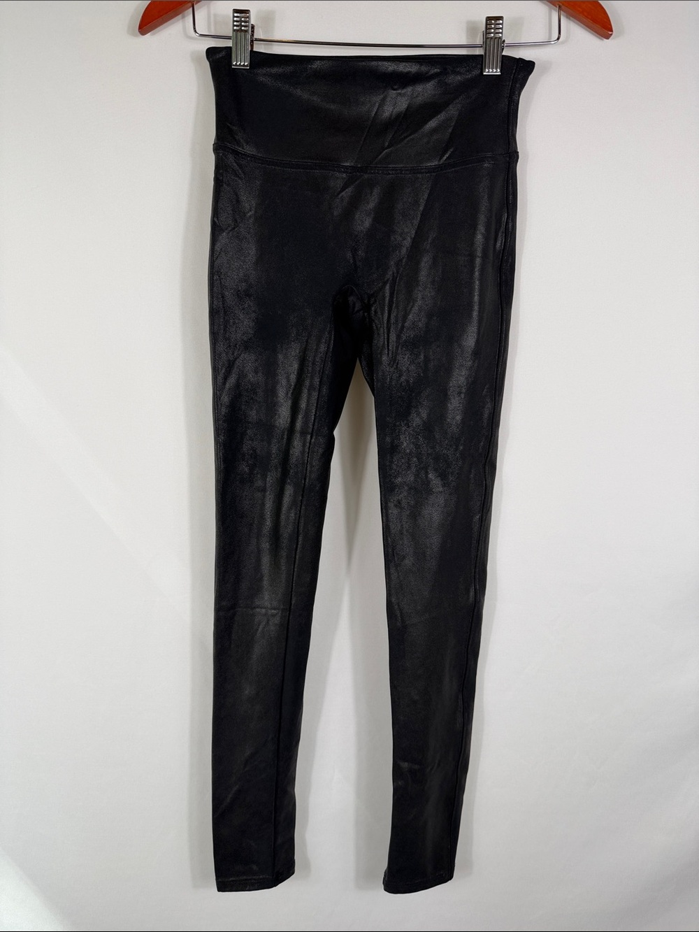 SPANX Black Shiny Faux-Leather Leggings with High Waist. Womens Size S